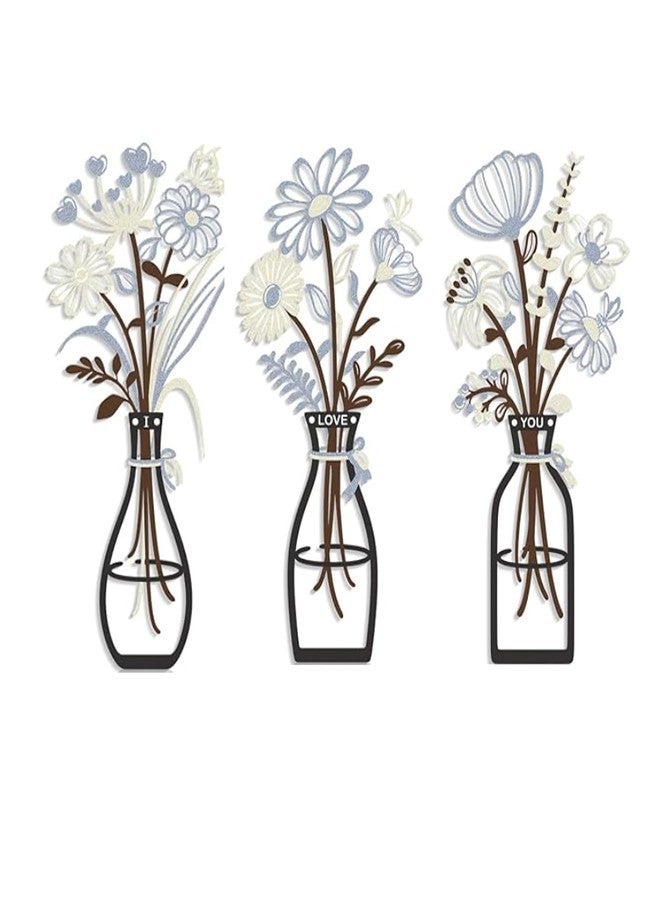 ALHBEJT 3 Pcs Metal Flowers Wall Decor Rustic Farmhouse Wall Arts Bathroom Dining Room Wall Decor Minimalist Decor Housewarming Gifts (Light Blue White) - Image 1
